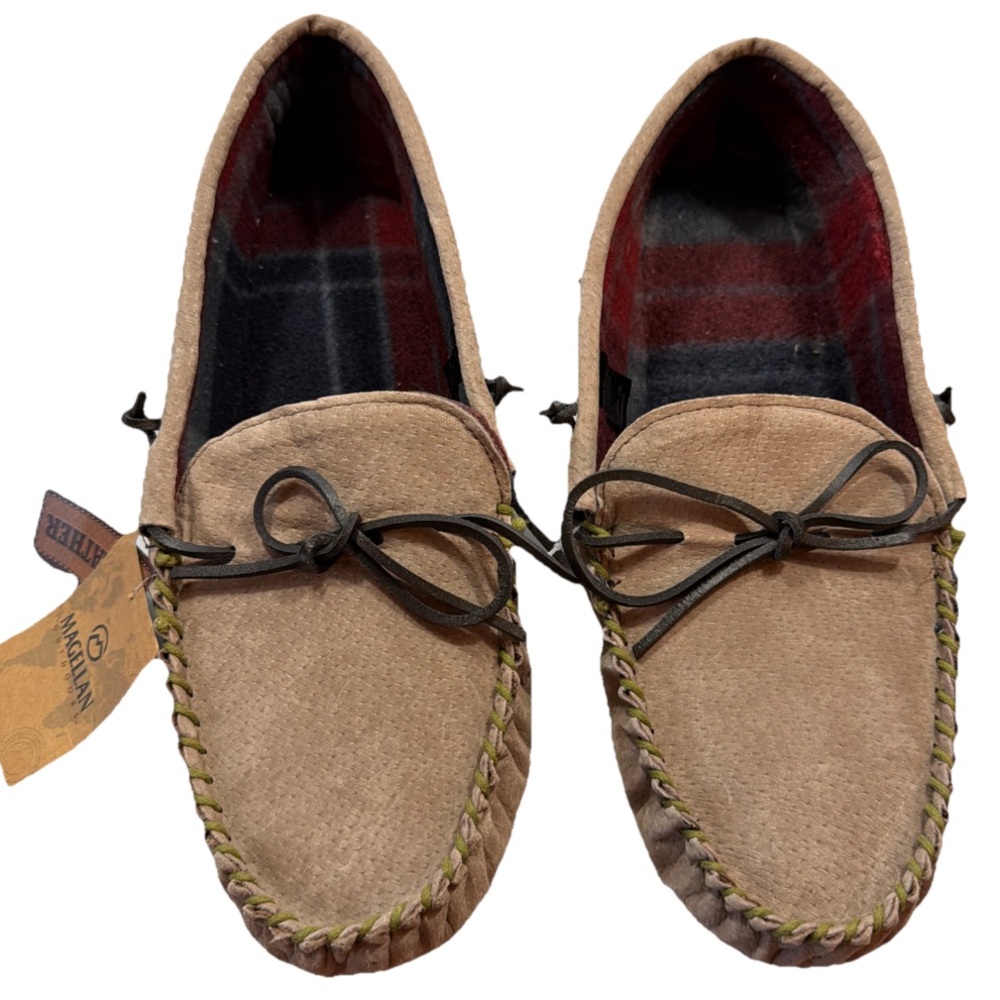 Magellan Outdoors TAN Leather Moc II House Slippers Plaid FLEECE Men’s SZ 13 NEW